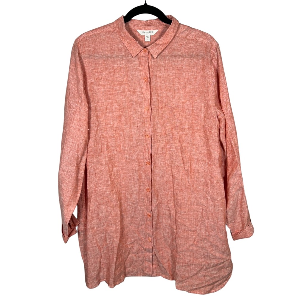 Garnet Hill Linen Tunic Top Women's Size Large Long Sleeve‎ Button Front Coral